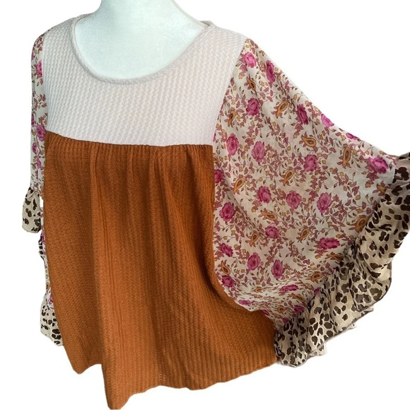 Umgee floral & animal print sleeve top with waffle knit body flowy loose size S - Picture 4 of 8